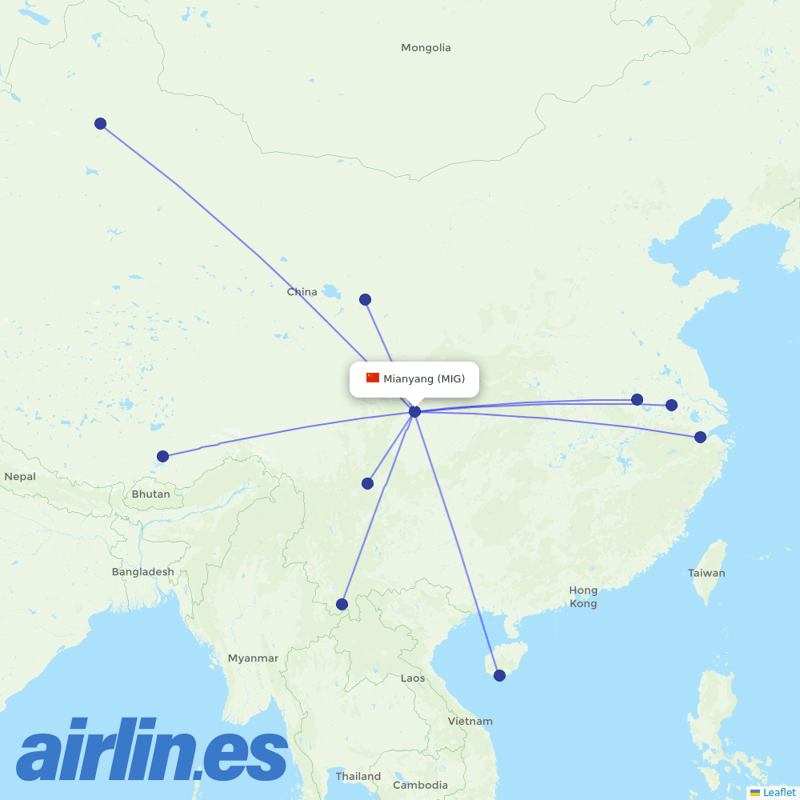 Sichuan Airlines from Mianyang Airport destination map