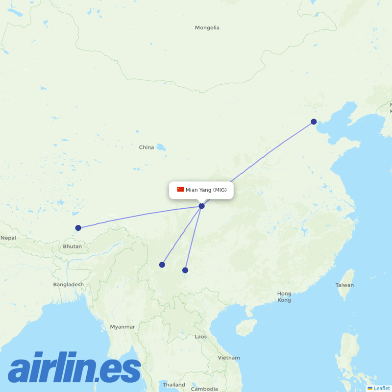 Lucky Air from Mianyang Airport destination map