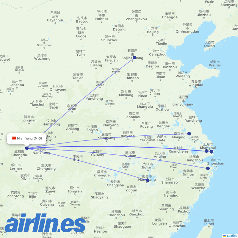 Spring Airlines from Mianyang Airport destination map