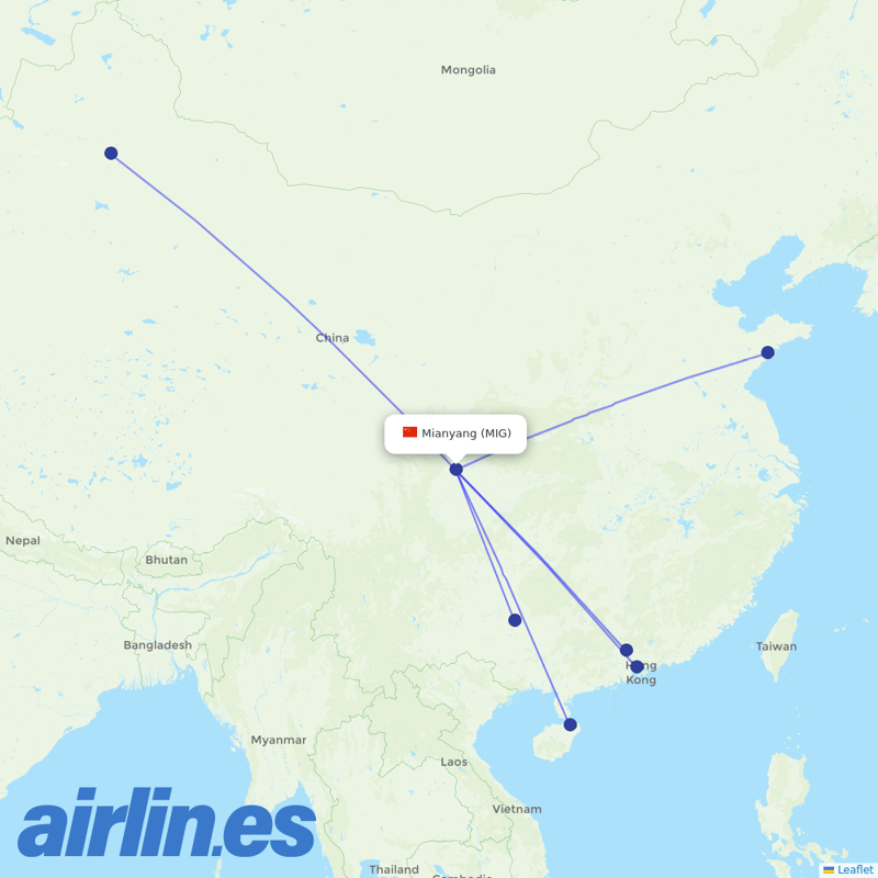 China Southern Airlines from Mianyang Airport destination map