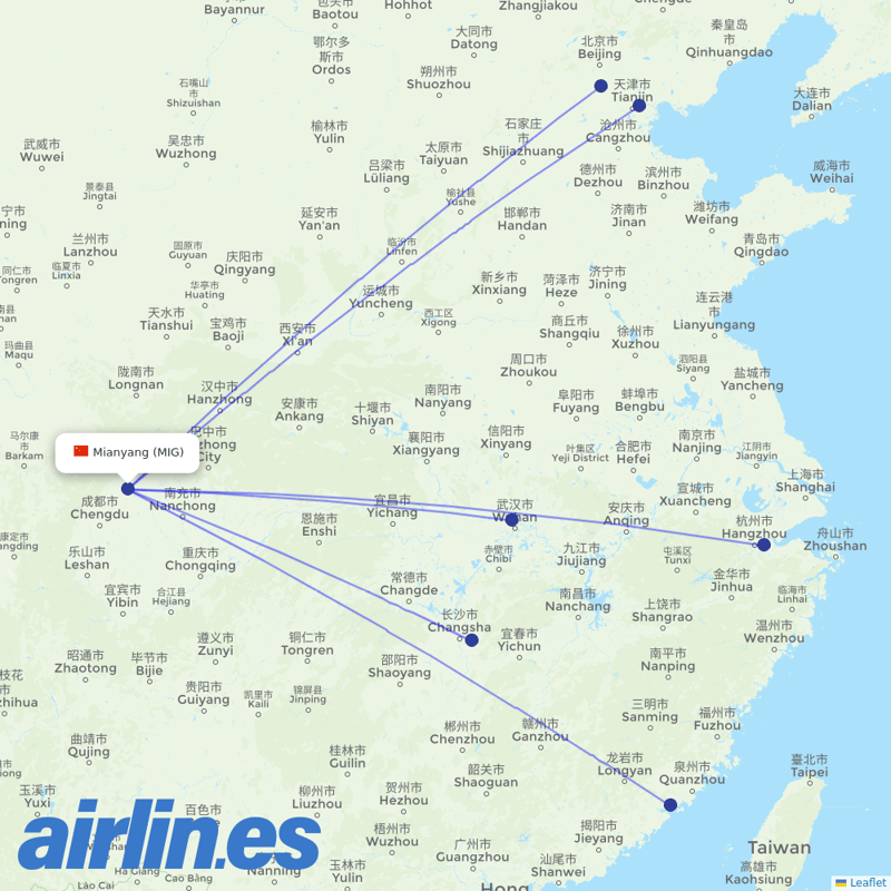 Xiamen Airlines from Mianyang Airport destination map