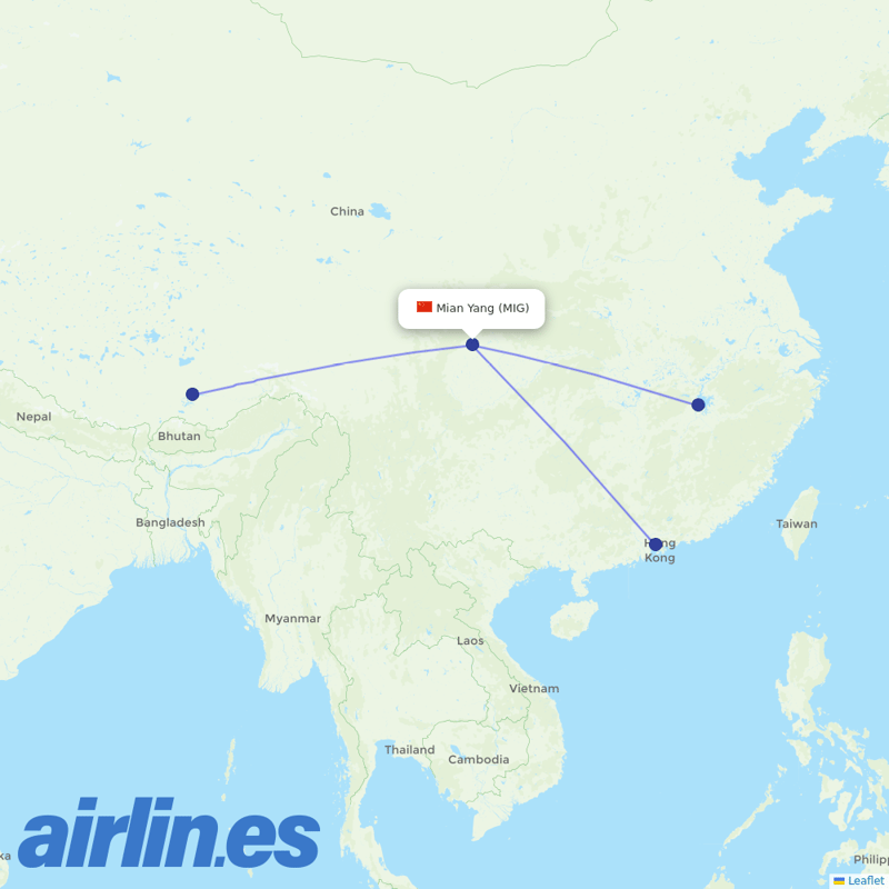 Tibet Airlines from Mianyang Airport destination map