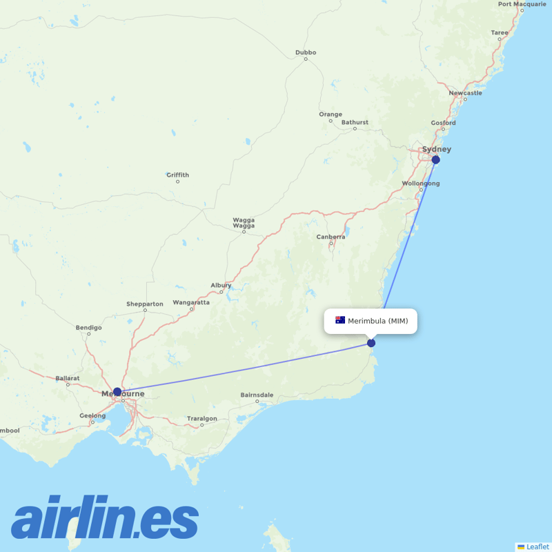 Qantas from Merimbula destination map