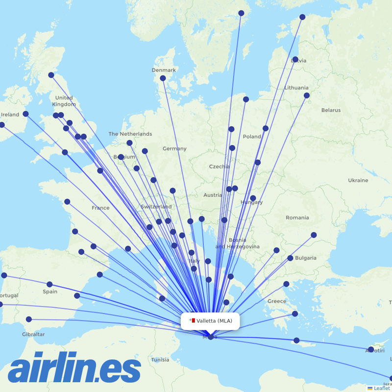 Ryanair from Malta International Airport destination map