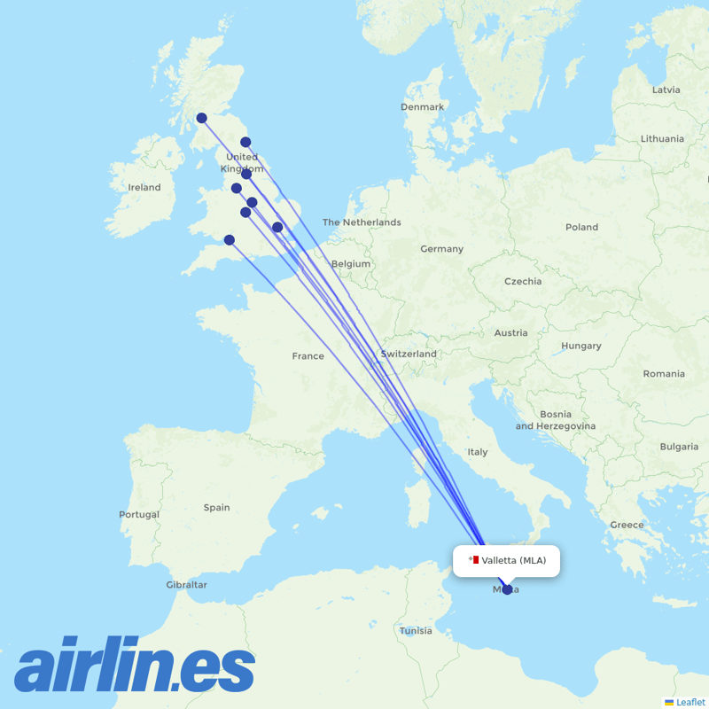 Jet2 from Malta International Airport destination map