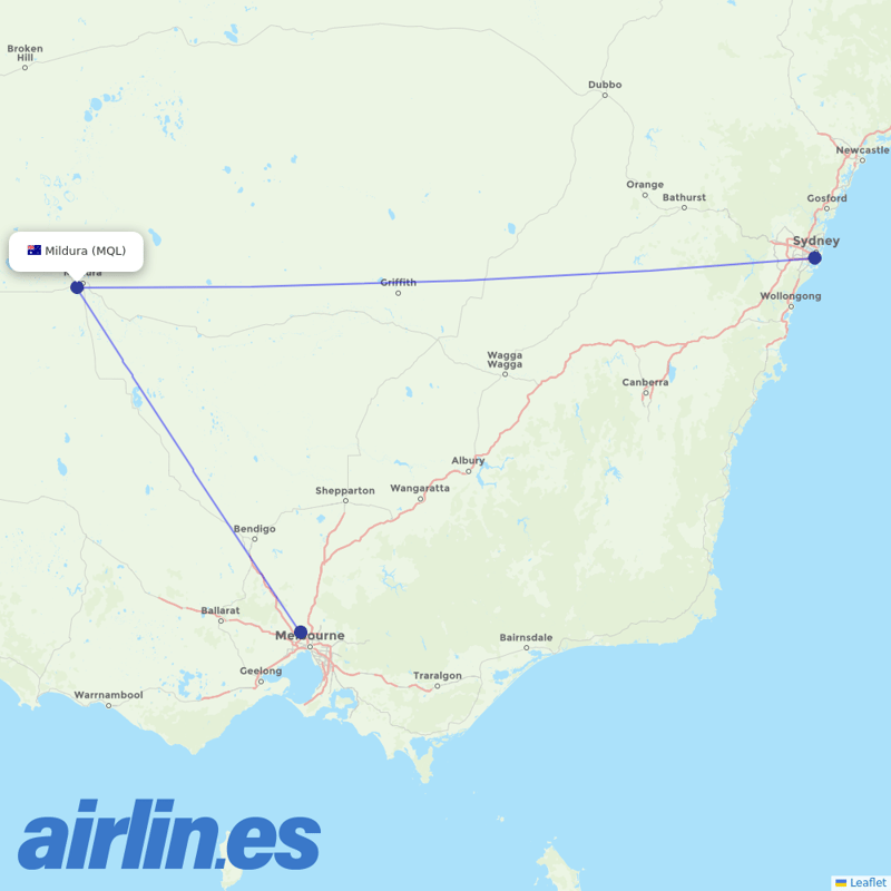 Qantas from Mildura destination map