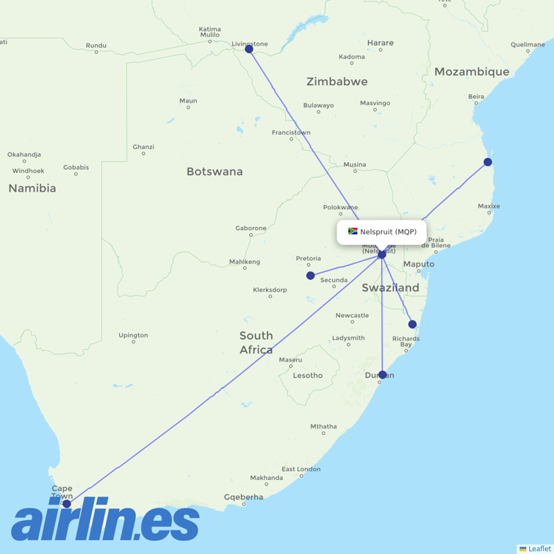 Airlink (South Africa) from Kruger Mpumalanga International Airport destination map