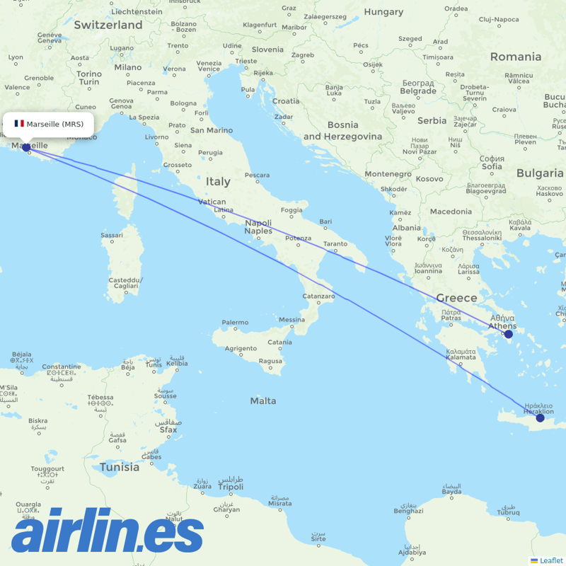 Aegean Airlines from Marseille Provence Airport destination map