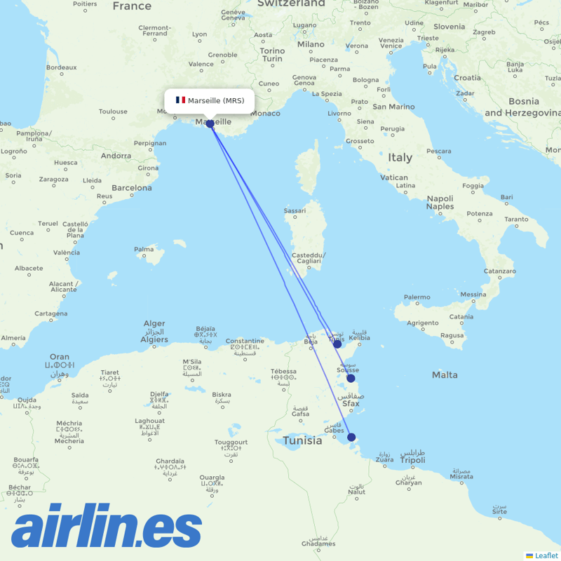 Tunisair from Marseille Provence Airport destination map