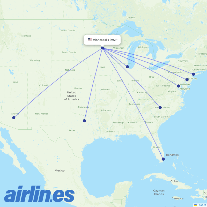 American Airlines from Minneapolis St Paul International destination map