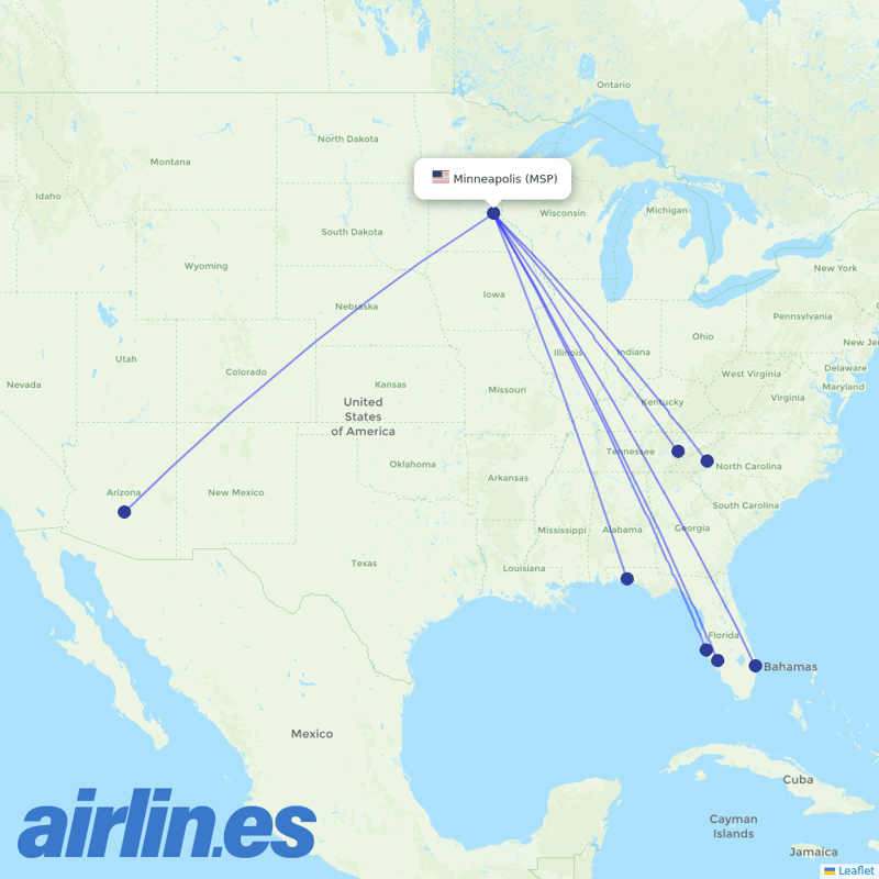 Allegiant Air from Minneapolis St Paul International destination map