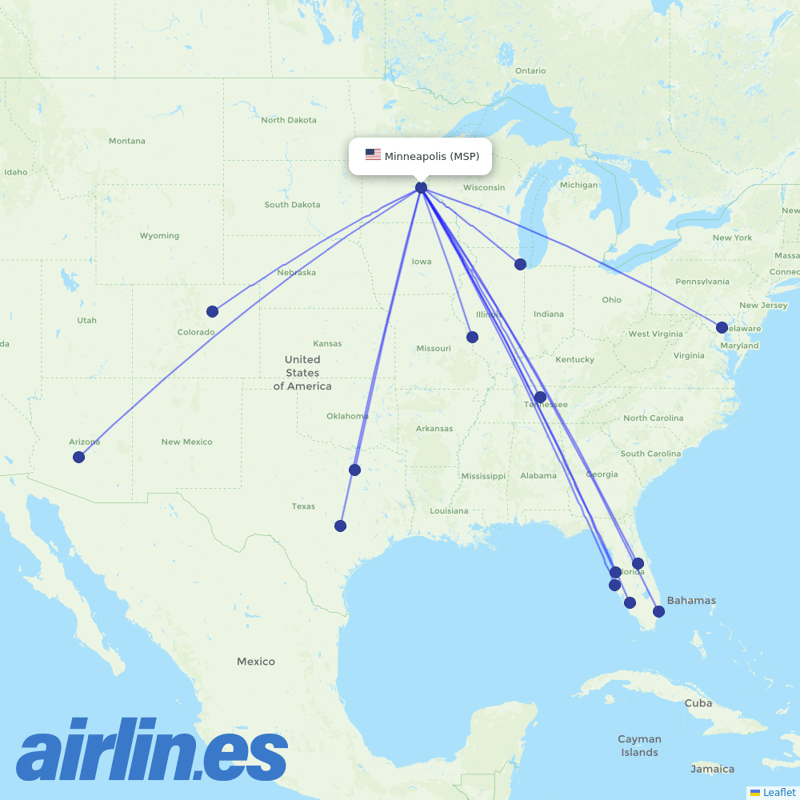Southwest Airlines from Minneapolis St Paul International destination map