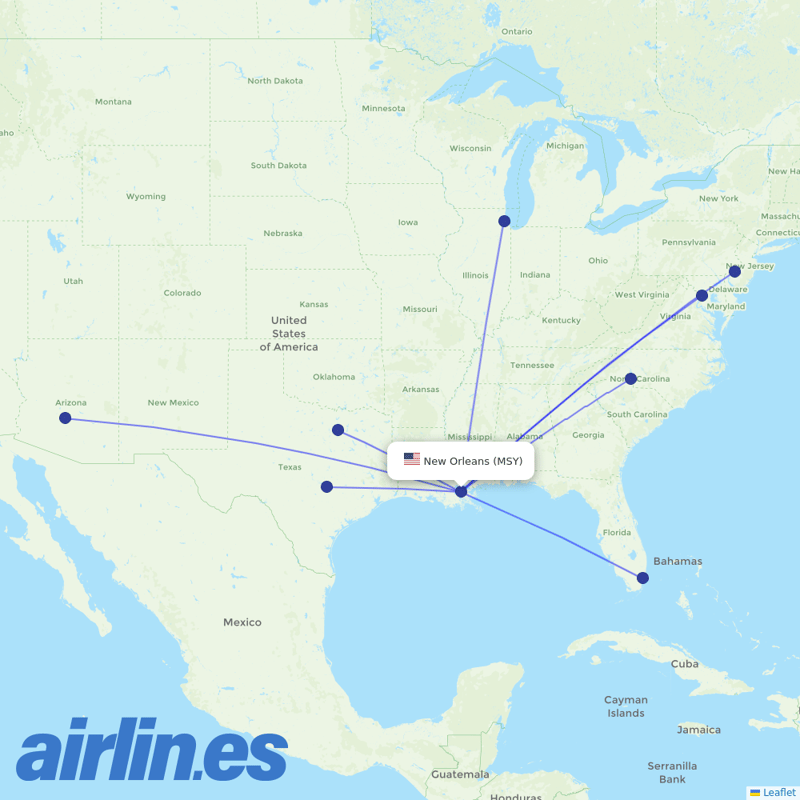 American Airlines from Louis Armstrong New Orleans International destination map