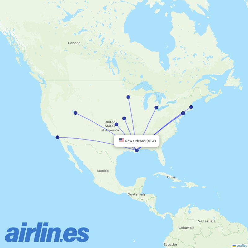 Delta Air Lines from Louis Armstrong New Orleans International destination map