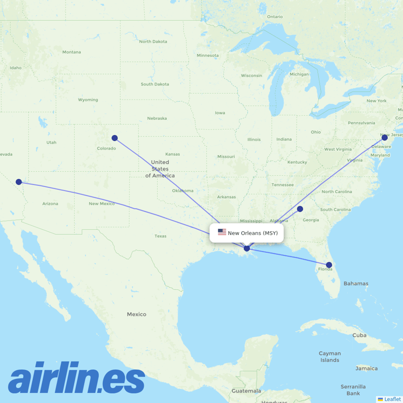 Frontier Airlines from Louis Armstrong New Orleans International destination map