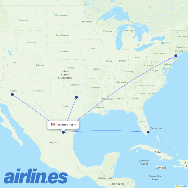 American Airlines from Monterrey International Airport destination map