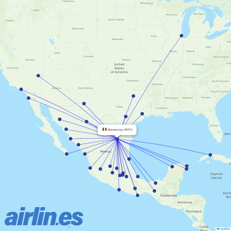 VivaAerobus from Monterrey International Airport destination map