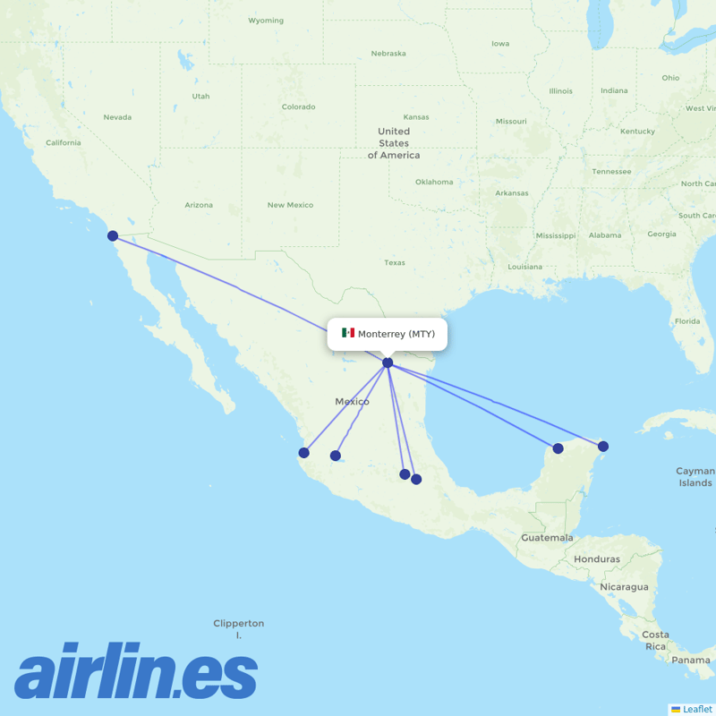 Volaris from Monterrey International Airport destination map