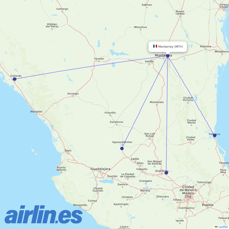 TAR Aerolineas from Monterrey International Airport destination map