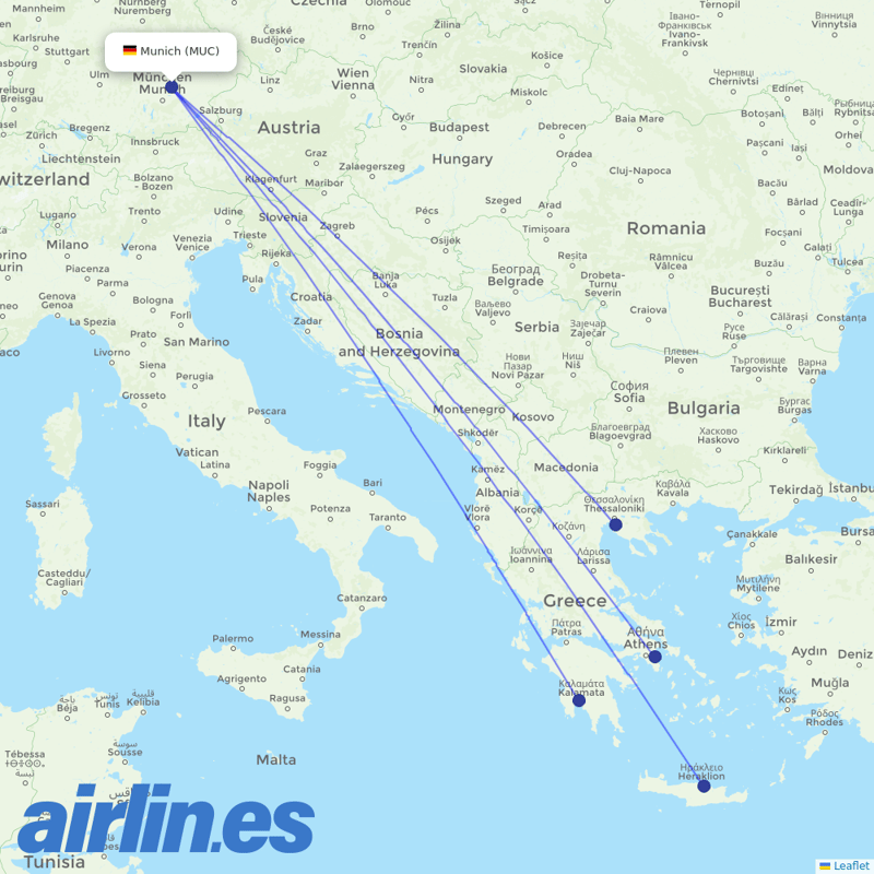 Aegean Airlines from Munich Airport destination map