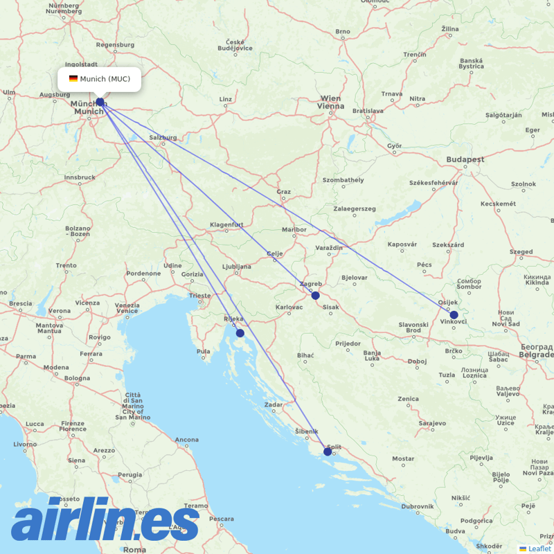 Croatia Airlines from Munich Airport destination map