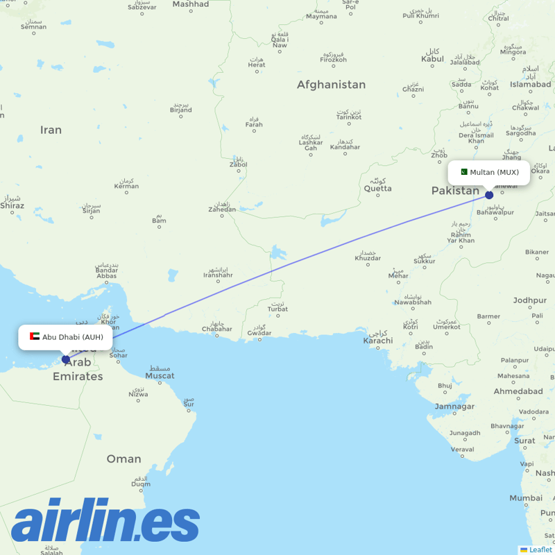 Air Arabia Abu Dhabi from Multan International destination map