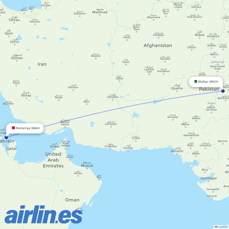 Gulf Air from Multan International destination map