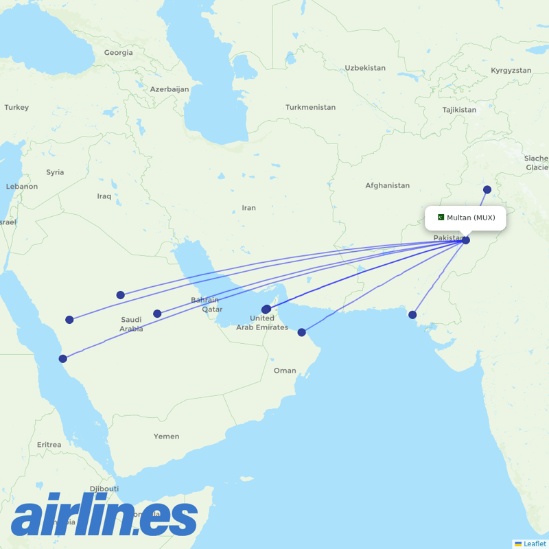 Pakistan International Airlines from Multan International destination map