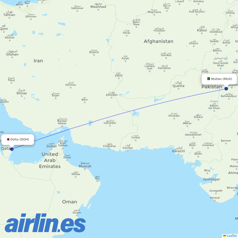 Qatar Airways from Multan International destination map
