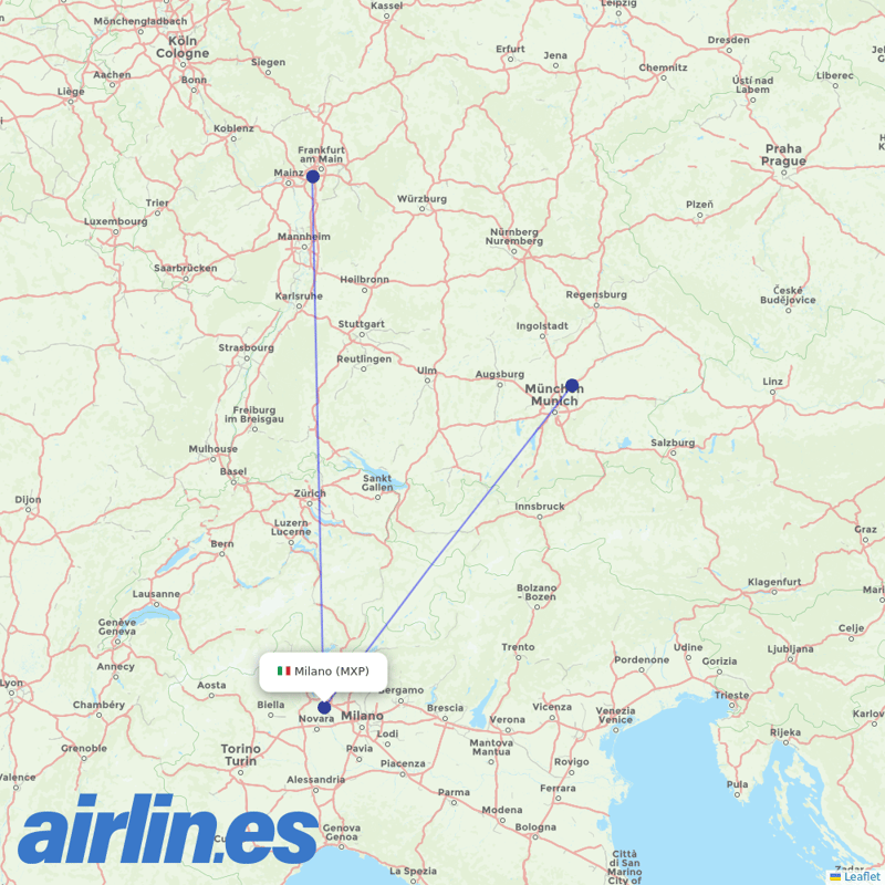 Air Dolomiti from Milan Malpensa Airport destination map