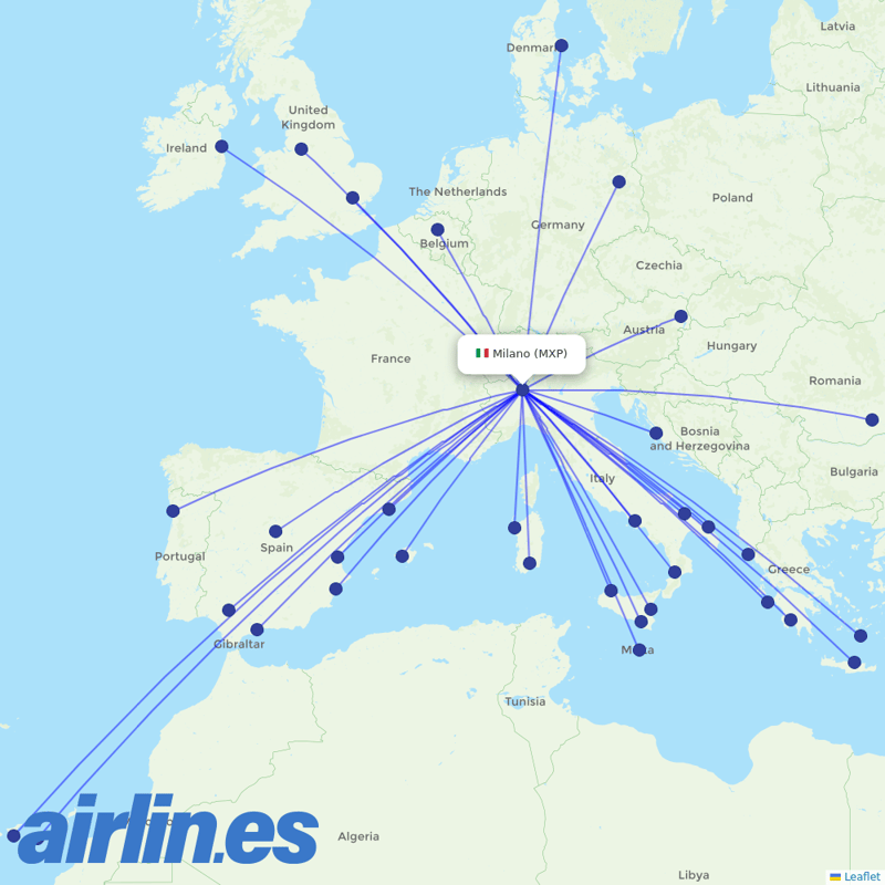 Ryanair from Milan Malpensa Airport destination map
