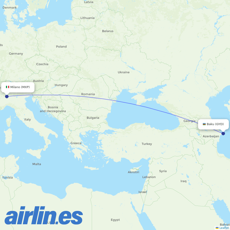 AZAL Azerbaijan Airlines from Milan Malpensa Airport destination map