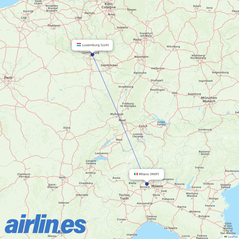 Luxair from Milan Malpensa Airport destination map