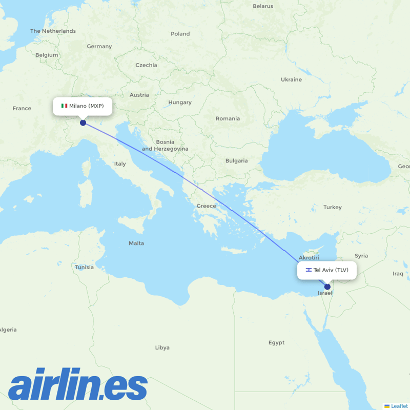 El Al from Milan Malpensa Airport destination map