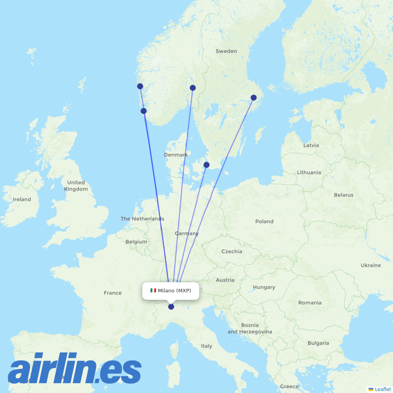 Scandinavian Airlines from Milan Malpensa Airport destination map