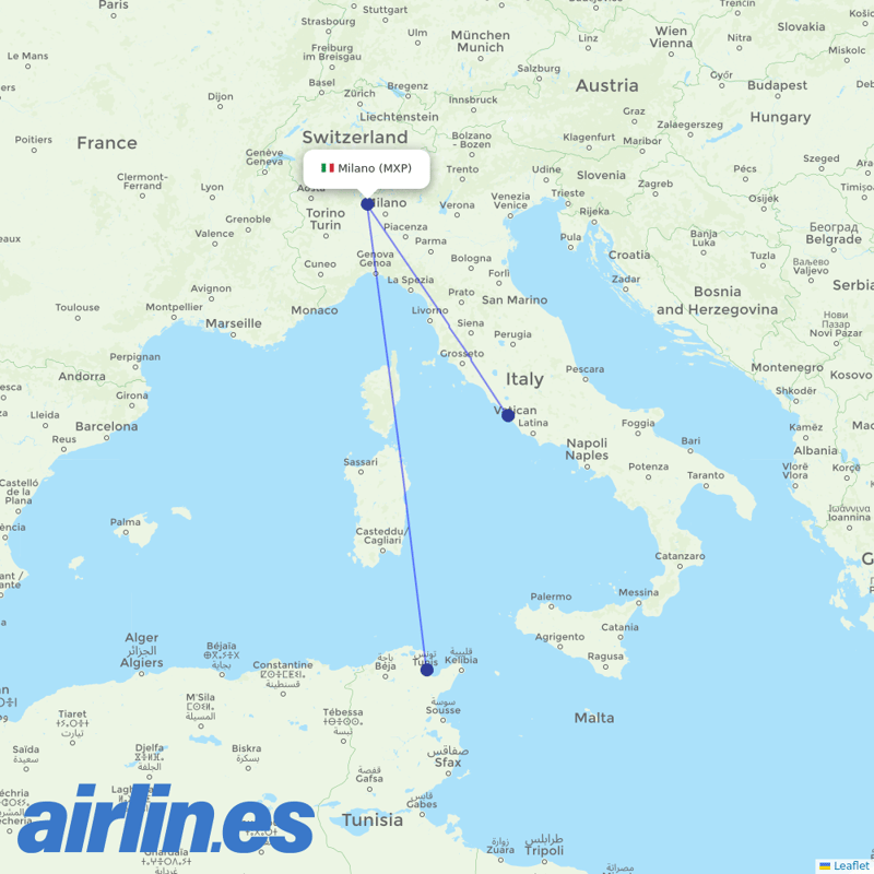 Tunisair from Milan Malpensa Airport destination map