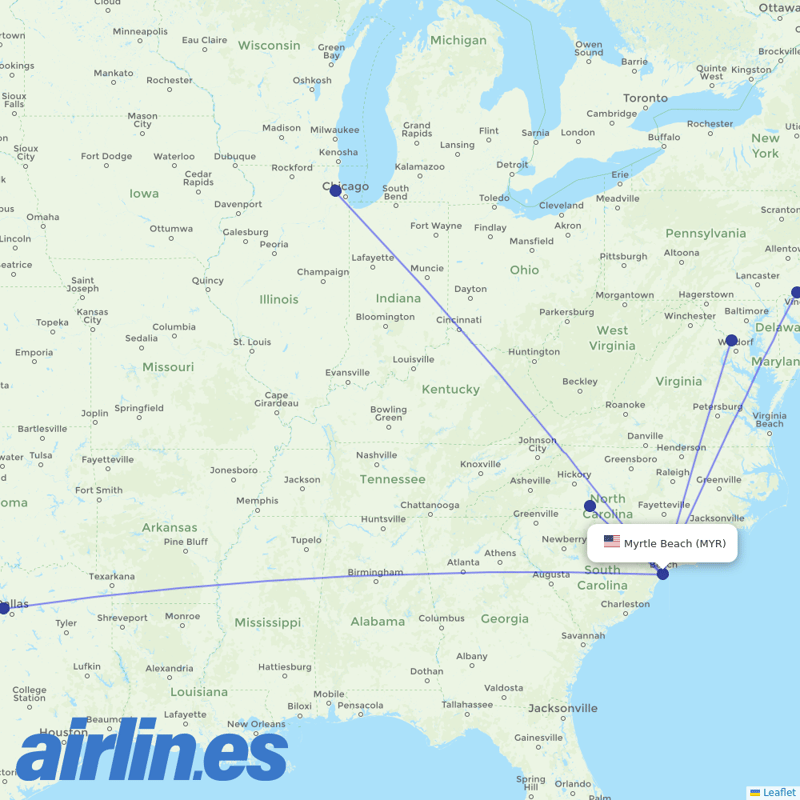 American Airlines from Myrtle Beach International Airport destination map