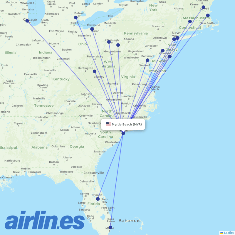 Spirit Airlines from Myrtle Beach International Airport destination map