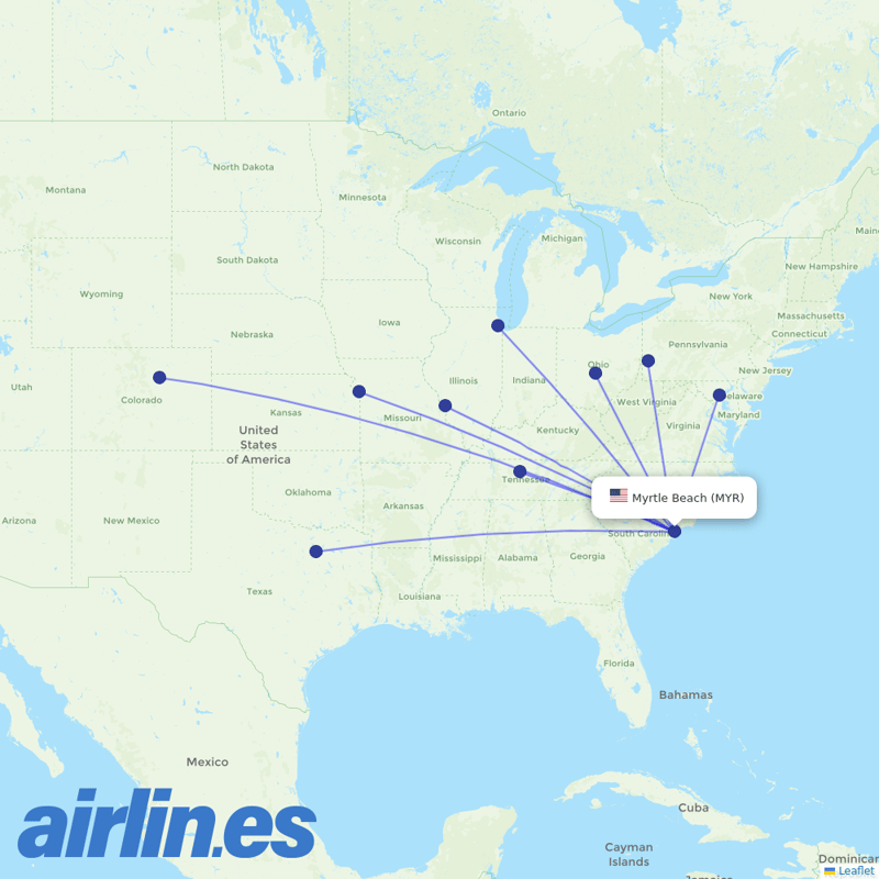 Southwest Airlines from Myrtle Beach International Airport destination map