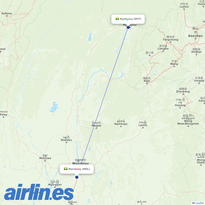 Mann Yadanarpon Airlines from Myitkyina destination map