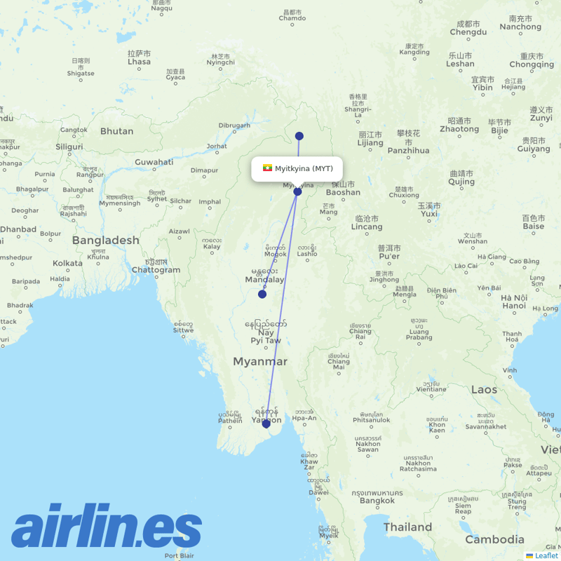 Myanmar Airways International from Myitkyina destination map