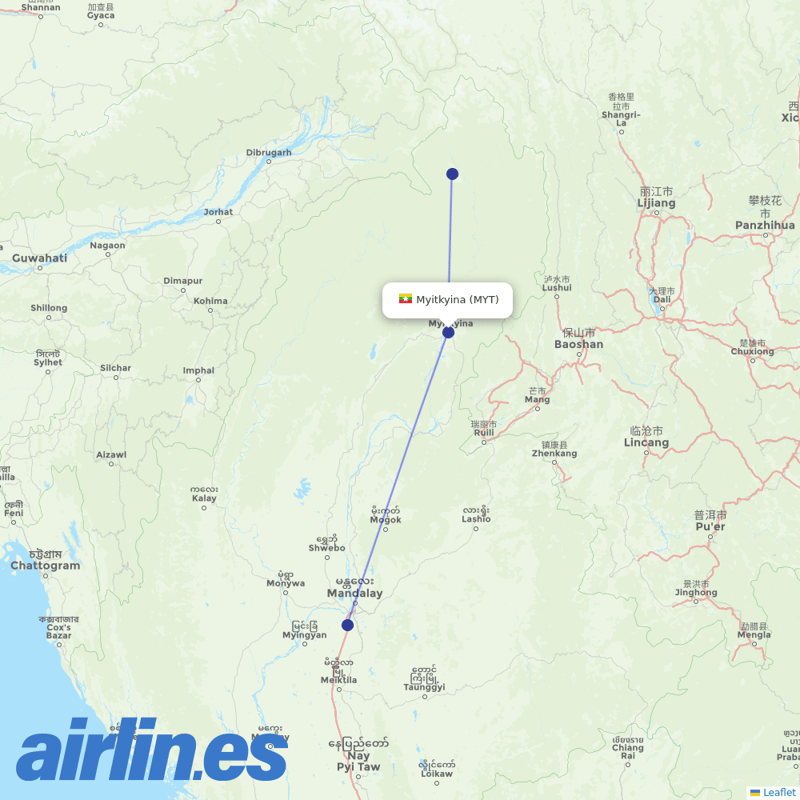 Air KBZ from Myitkyina destination map