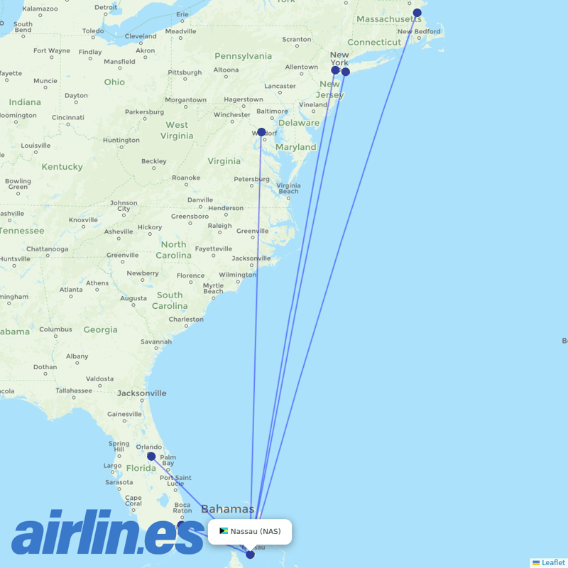 JetBlue Airways from Nassau International destination map