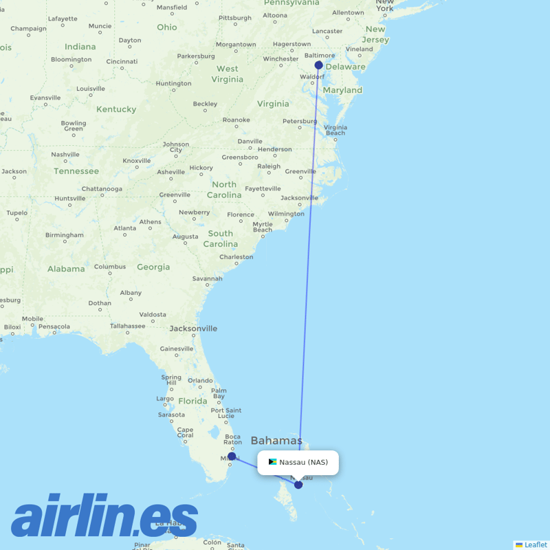 Southwest Airlines from Nassau International destination map
