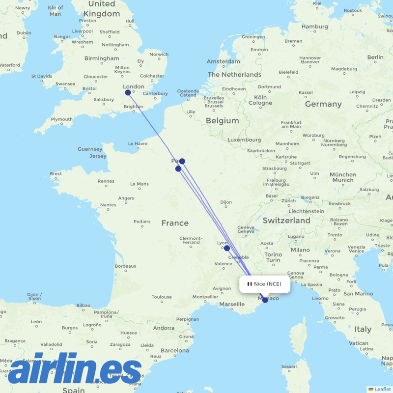 Air France from Cote D Azur Airport destination map