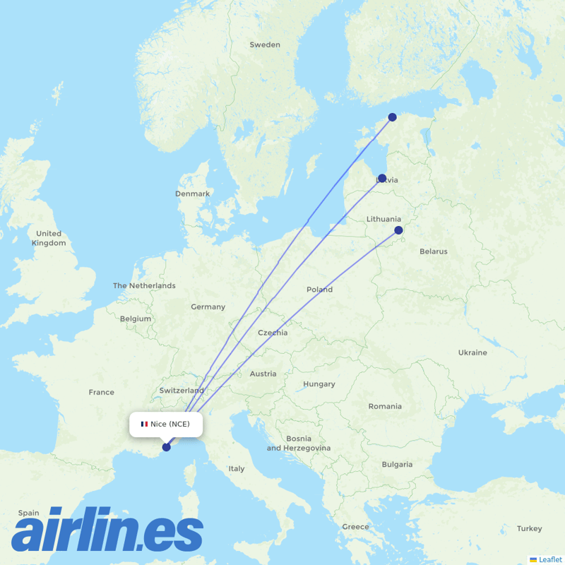 Air Baltic from Cote D Azur Airport destination map