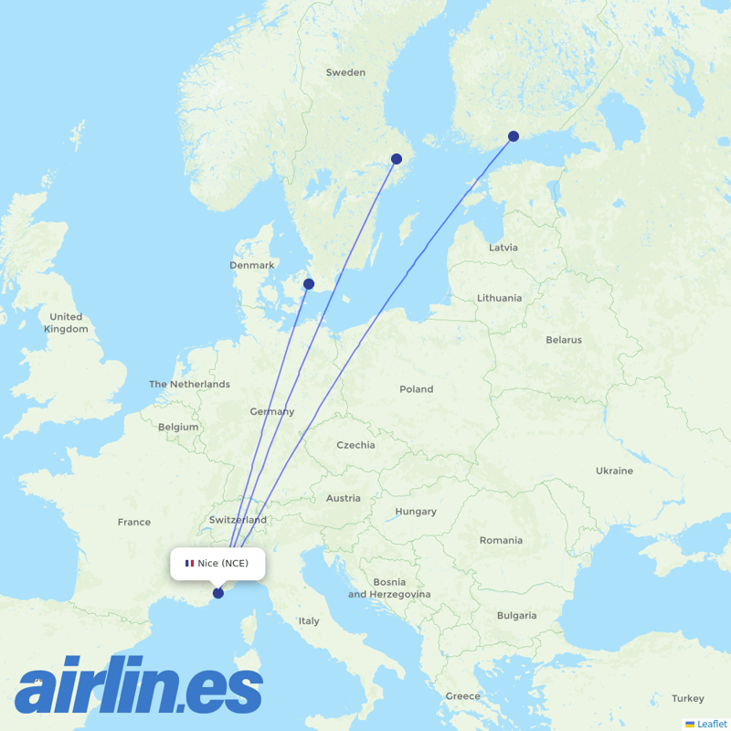 Norwegian Air Intl from Cote D Azur Airport destination map