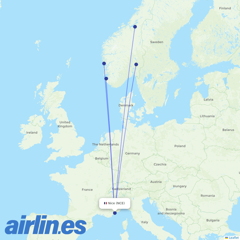 Norwegian Air from Cote D Azur Airport destination map