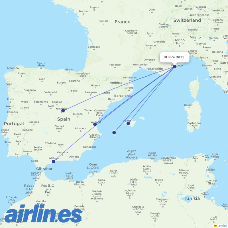 Iberia from Cote D Azur Airport destination map