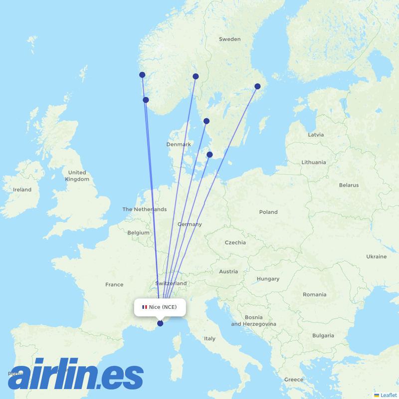 Scandinavian Airlines from Cote D Azur Airport destination map